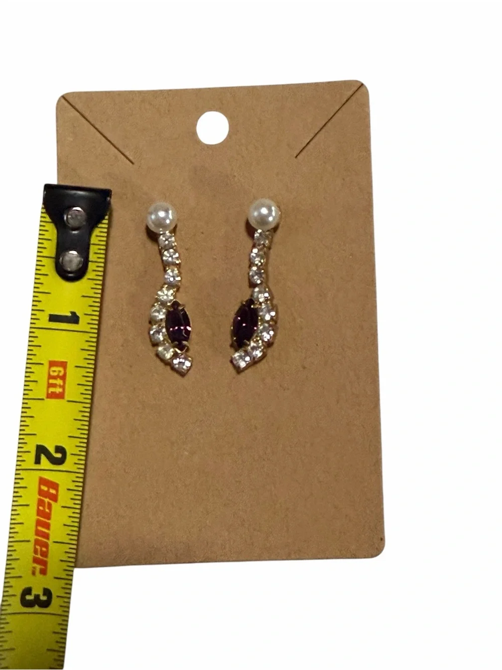 Pearl and Purple Crystal Drop Earrings - Gold Tone